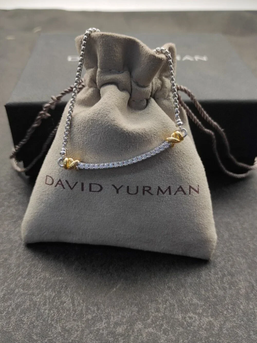 David Yurman Two-Tone Diamond Curved Bar Necklace in Silver and Gold